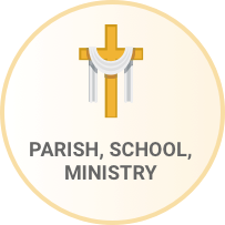 Cross icon with the words Parish School Ministry