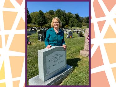Yvonne Gralak at her headstone in Saint Joseph Cemetery