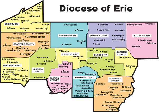 Map showing the locations of the Diocese of Erie
