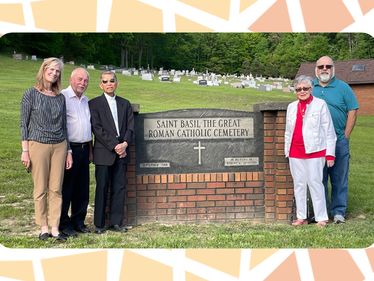 Lisa Louis (Executive Director) with Saint Basil Cemetery Committee members Richard Korlinchack, Fr. Zab Amar (Saint Basil Pastor), Donna Clarkson, and Hank Tatum